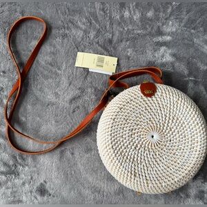 Round Woven Crossbody Bag with Tan Strap